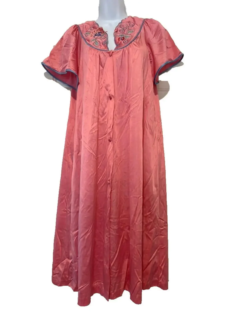 Vintage 60's Vanity Fair sz M pink‎ embroidered short sleeve button down robe FF